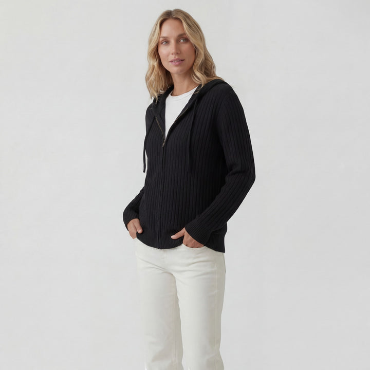Cardigan Femme Maille Côtelée – Zip à Capuche Coupe Ample Décontractée