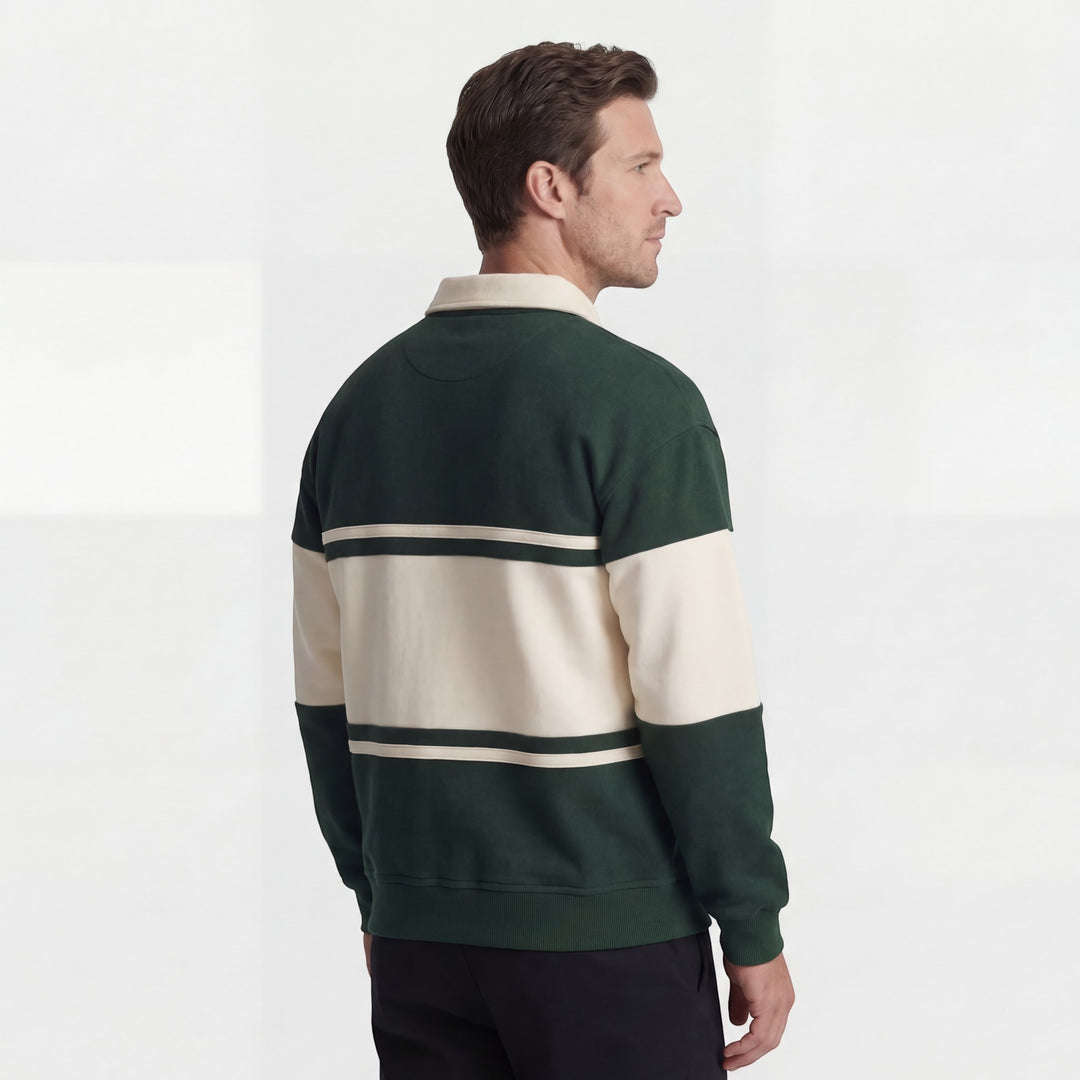 Herre-sweatshirt i bomuldsblanding – stribet mønster, løs pasform, polo-krave