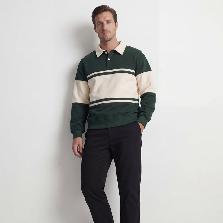 Herre-sweatshirt i bomuldsblanding – stribet mønster, løs pasform, polo-krave