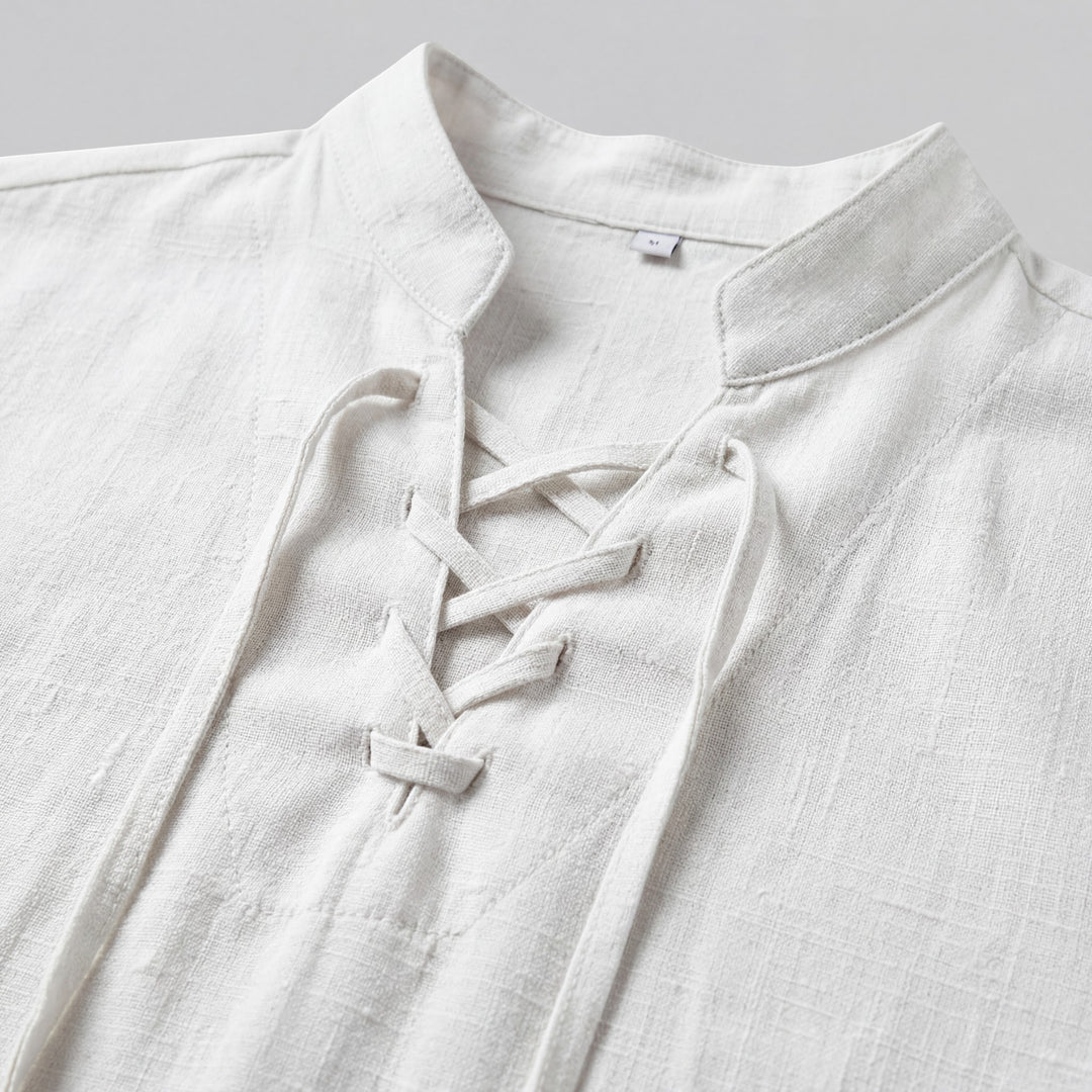 Chemise homme en lin col montant à lacets – Coupe ample décontractée