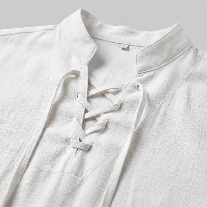 Chemise homme en lin col montant à lacets – Coupe ample décontractée