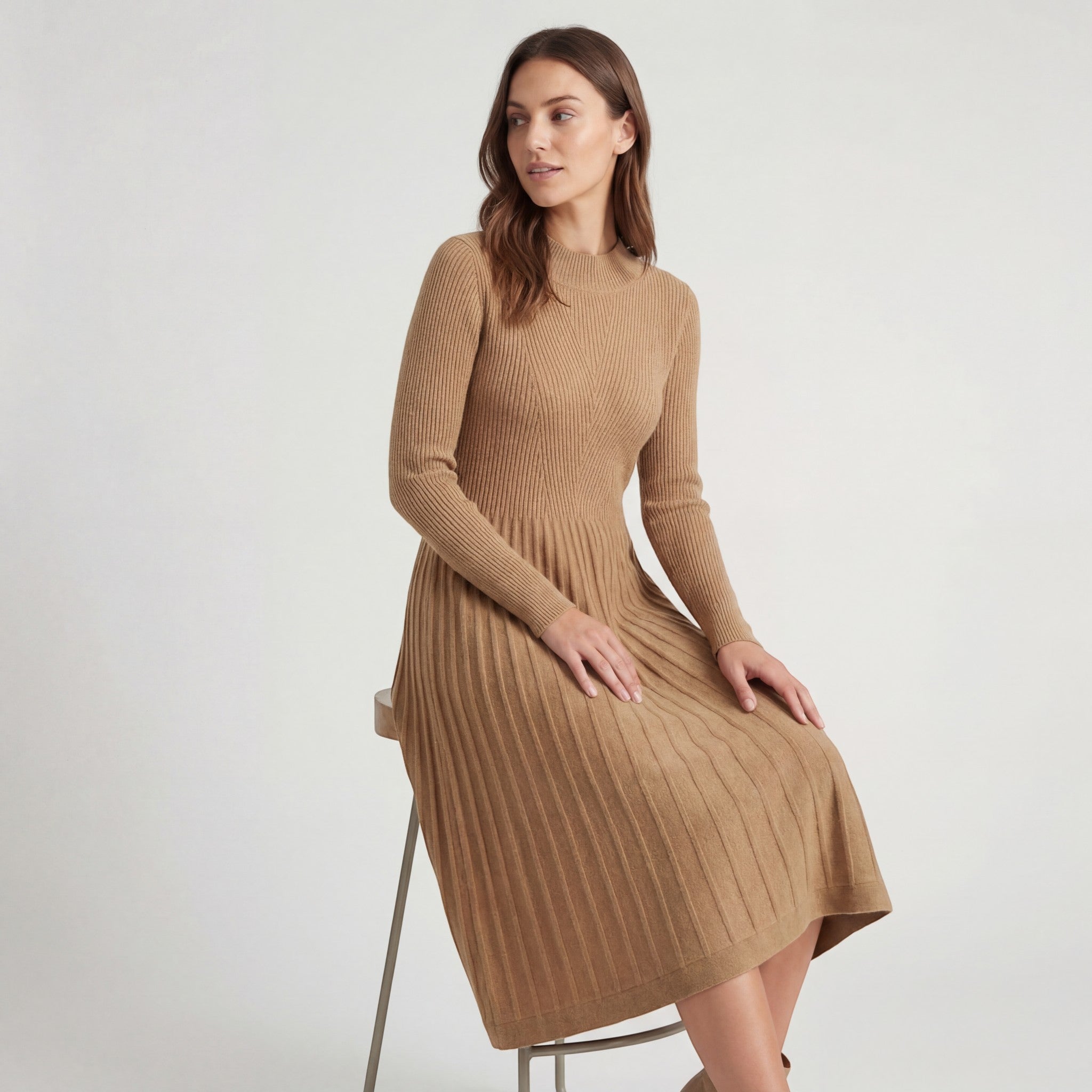 Robe midi femme en maille cachemire – Manches longues coupe décontractée