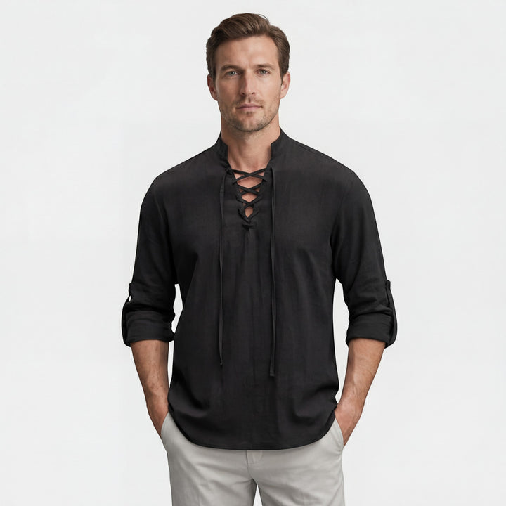 Chemise homme en lin col montant à lacets – Coupe ample décontractée