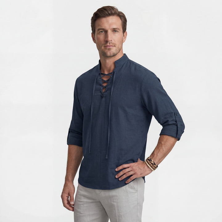 Chemise homme en lin col montant à lacets – Coupe ample décontractée