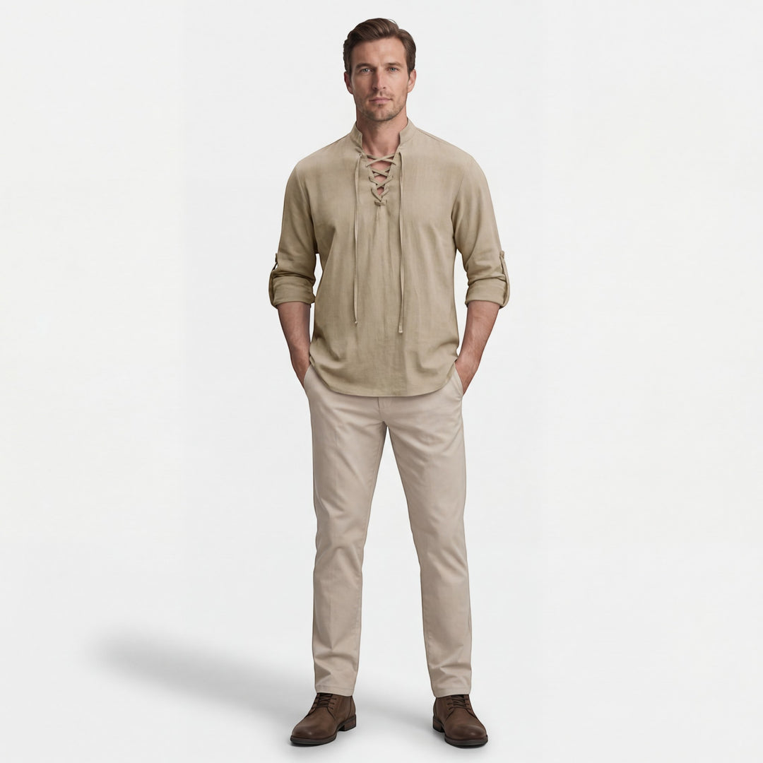 Chemise homme en lin col montant à lacets – Coupe ample décontractée