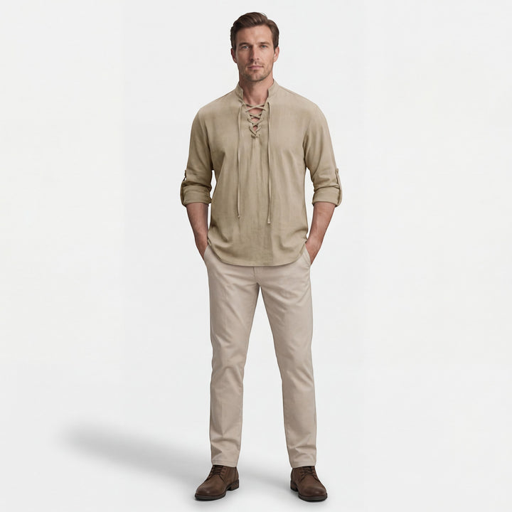 Chemise homme en lin col montant à lacets – Coupe ample décontractée