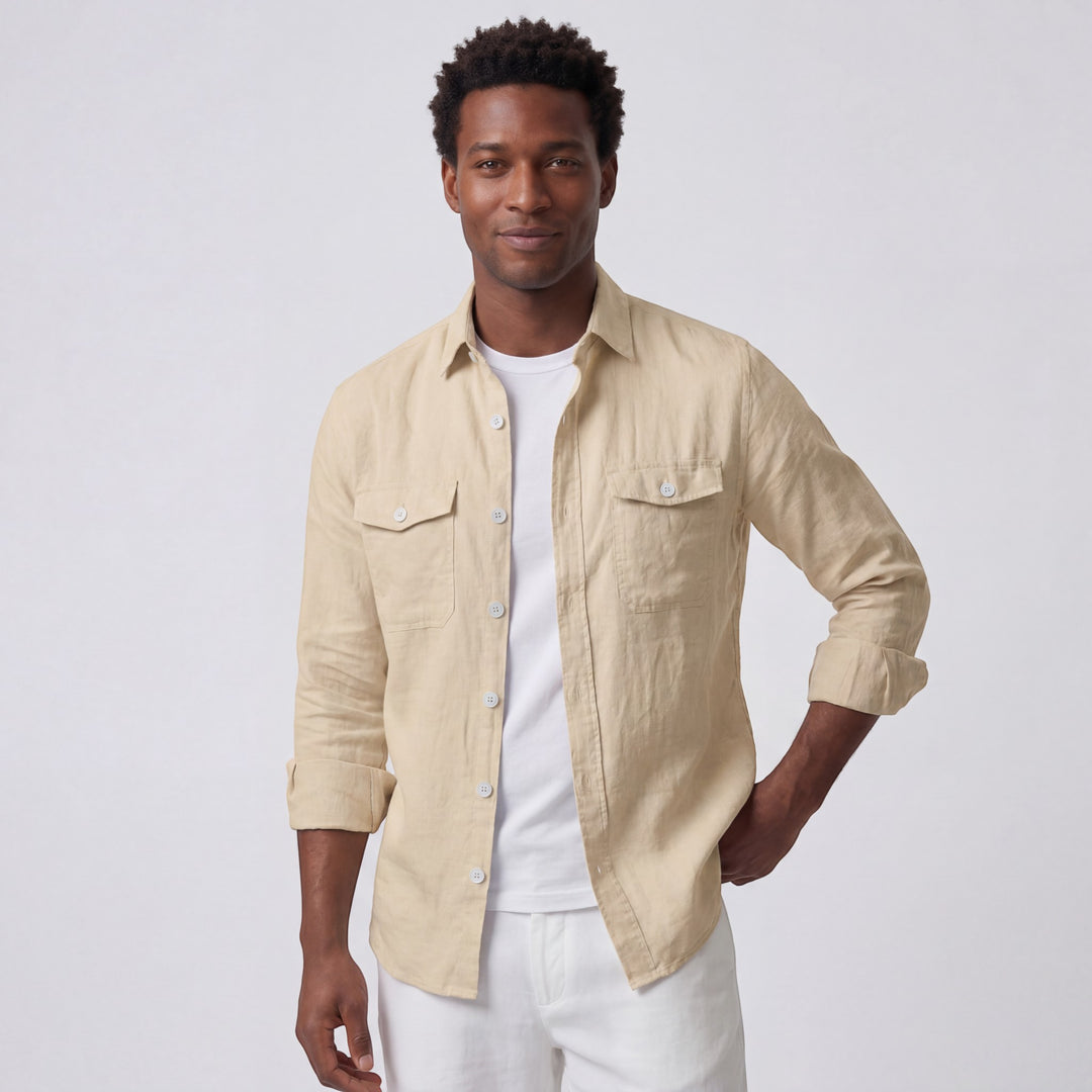 Chemise homme en lin manches longues – Coupe décontractée boutonnée