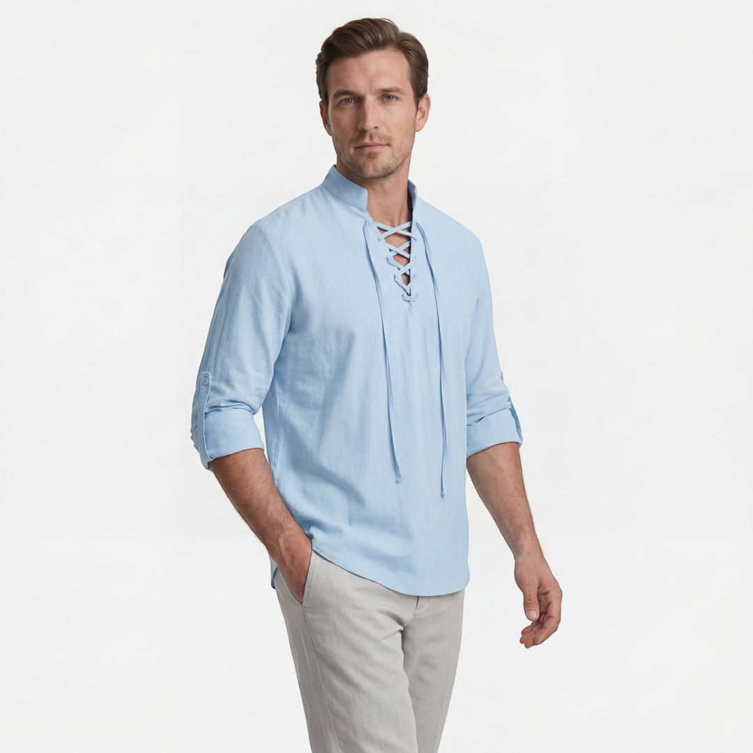 Chemise homme en lin col montant à lacets – Coupe ample décontractée
