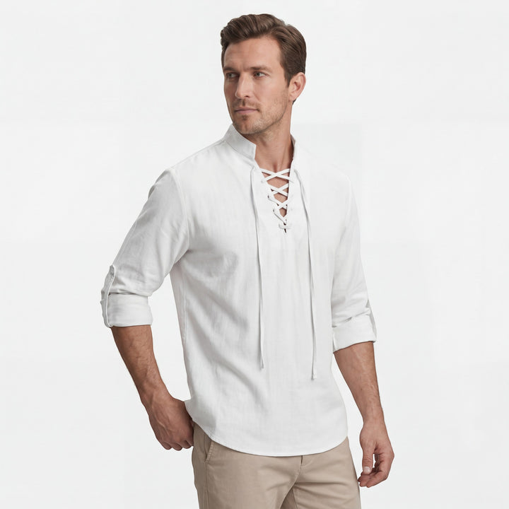 Chemise homme en lin col montant à lacets – Coupe ample décontractée