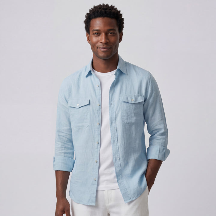Chemise homme en lin manches longues – Coupe décontractée boutonnée