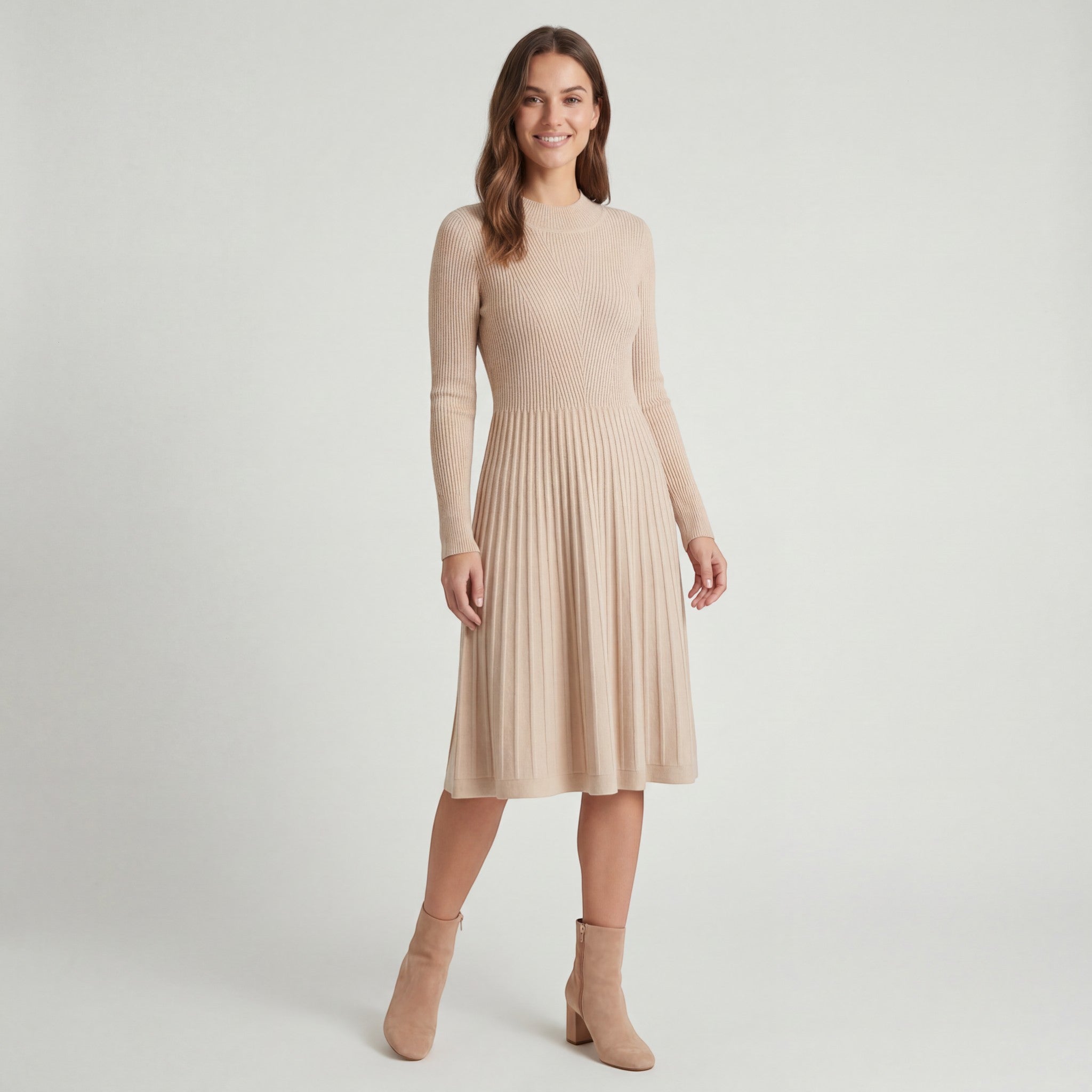 Robe midi femme en maille cachemire – Manches longues coupe décontractée