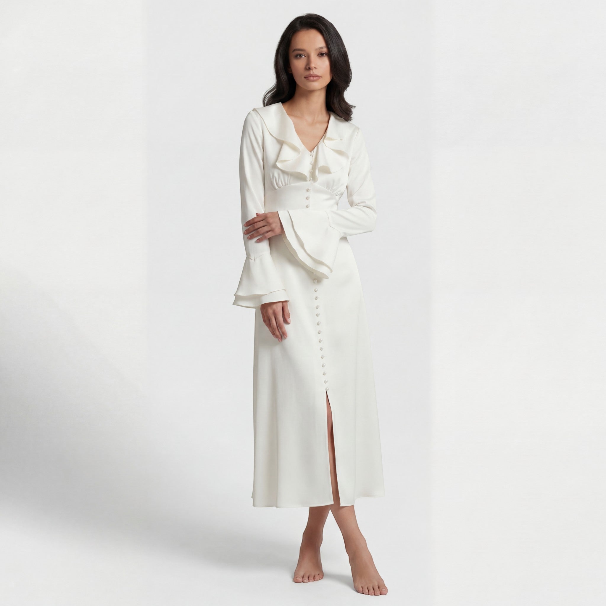 Robe midi femme en tissu – Détail col à volants