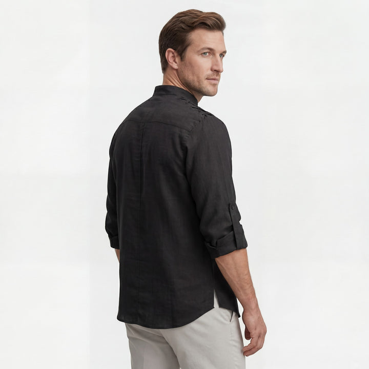 Chemise homme en lin col montant à lacets – Coupe ample décontractée