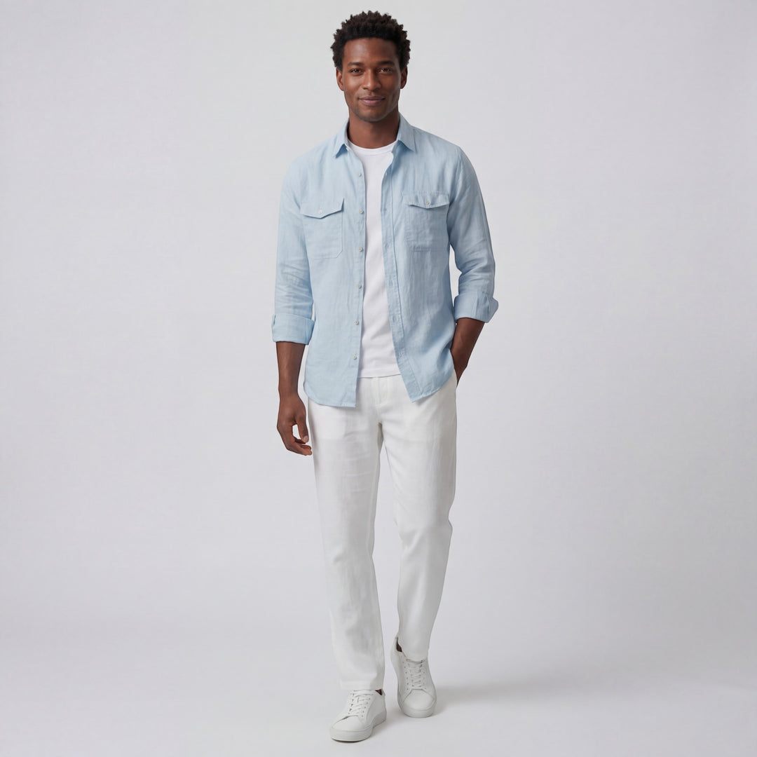 Chemise homme en lin manches longues – Coupe décontractée boutonnée