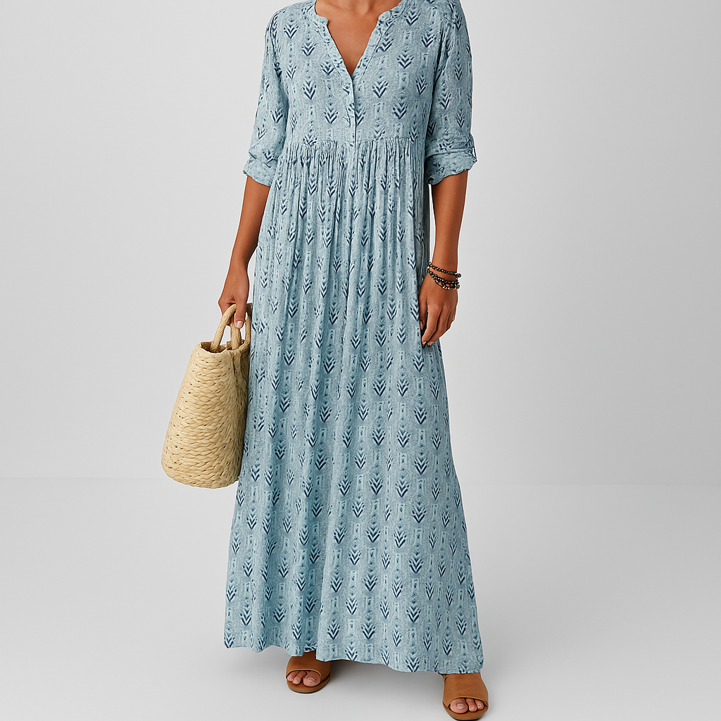 Langes Boho-Kleid für Damen mit V-Ausschnitt – lockerer Schnitt, halblange Ärmel, leicht
