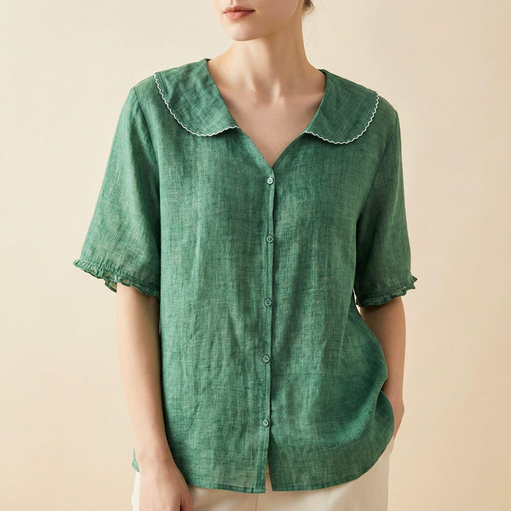 Blouse Femme à Col Claudine en Lin – Coupe Décontractée à Manches Courtes