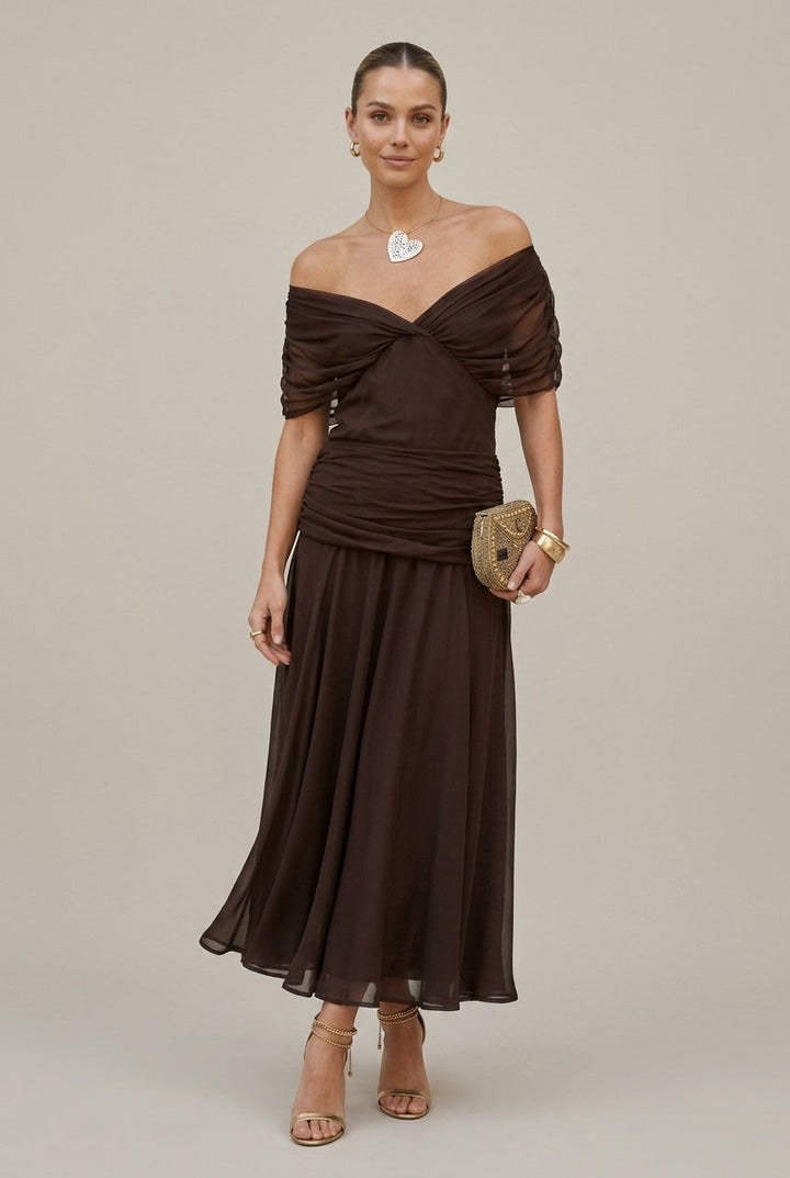 Maxikleid aus Chiffon für Damen – schulterfrei, geraffter Bund, fließender Schnitt