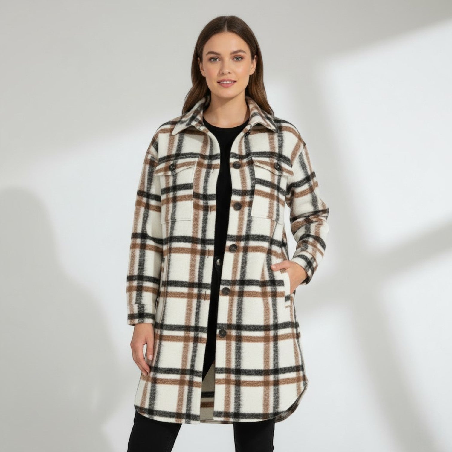 Riche | Manteau Femme Long en Coton et Laine à Carreaux