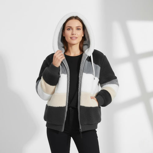 Riche | Manteau d’Hiver Femme à Capuche en Peluche Multicolore