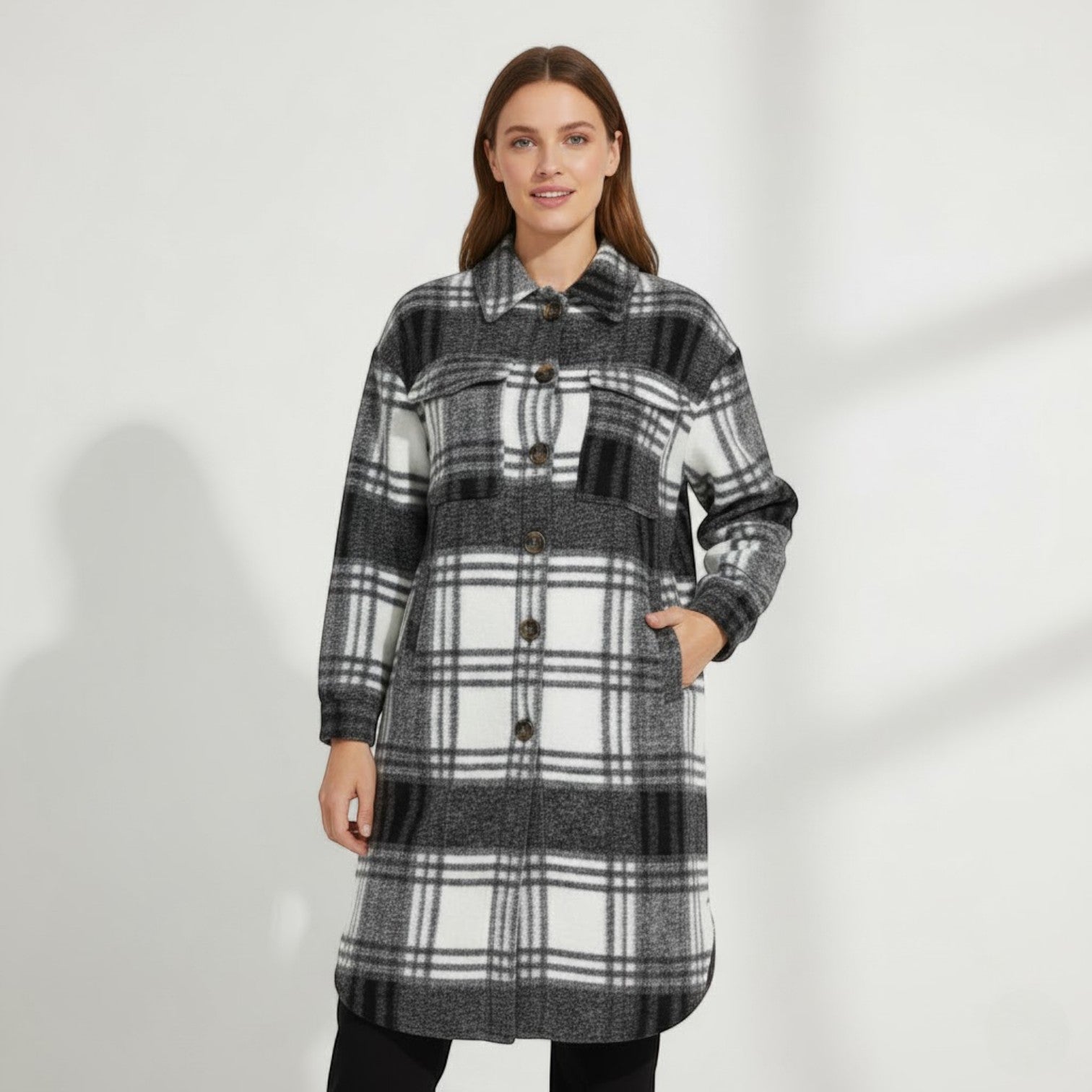 Riche | Manteau Femme Long en Coton et Laine à Carreaux