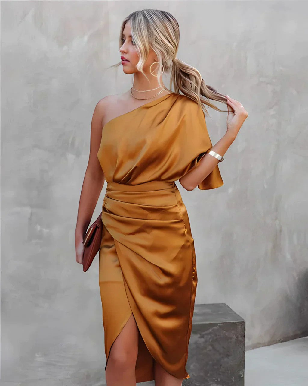 Asymmetrisches, einseitiges Abendkleid für Damen – schmaler Midi-Schnitt mit Schlitz | Baumwollmischung