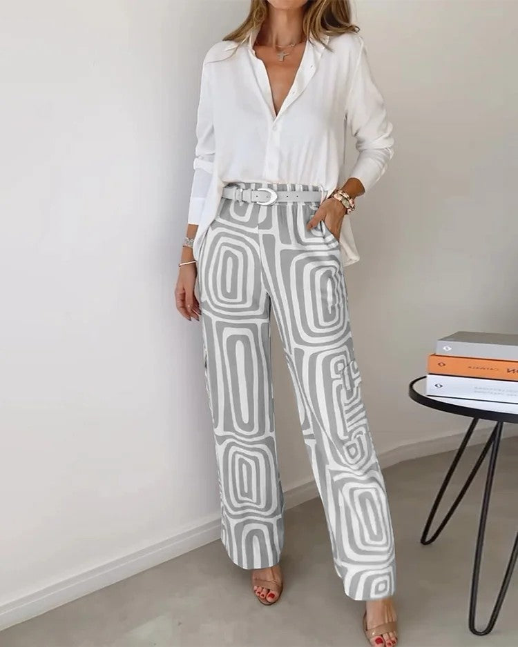 Ensemble Femme Deux Pièces Imprimé Pantalon Large – Taille Haute Ceinturée | Tissu Léger