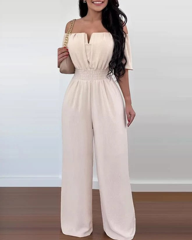 Combinaison Femme Épaules Dénudées Jambe Large – Coupe Décontractée | Drapé Léger Tissé