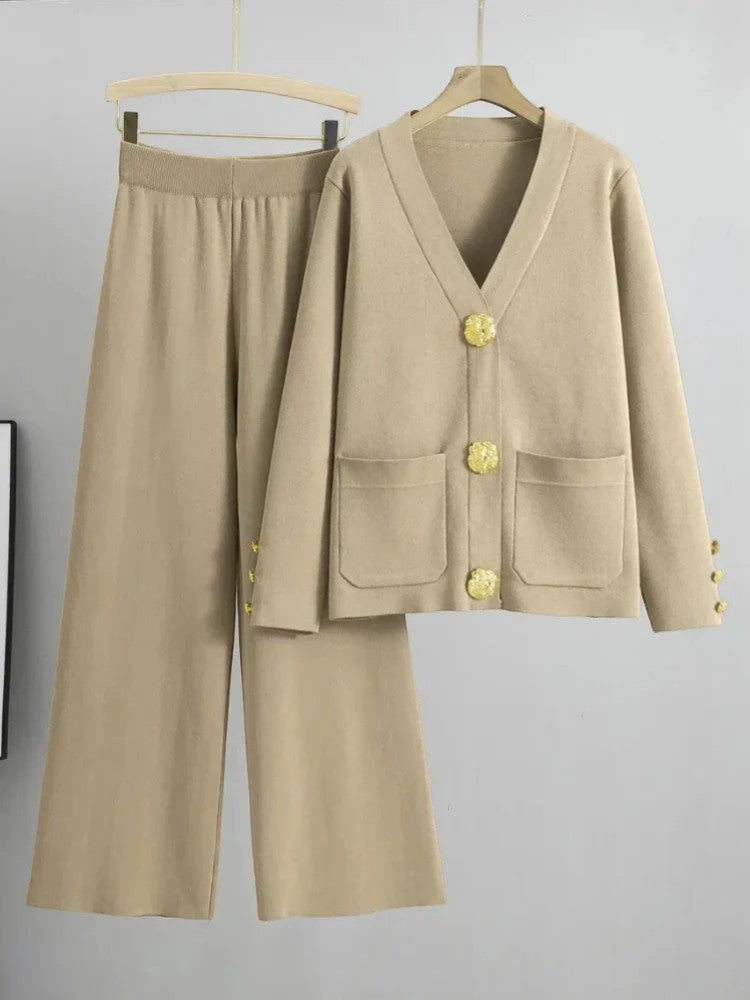 Women's Acrylic Knit Cardigan and Pants Set – Relaxed Fit, Button-Down Style
