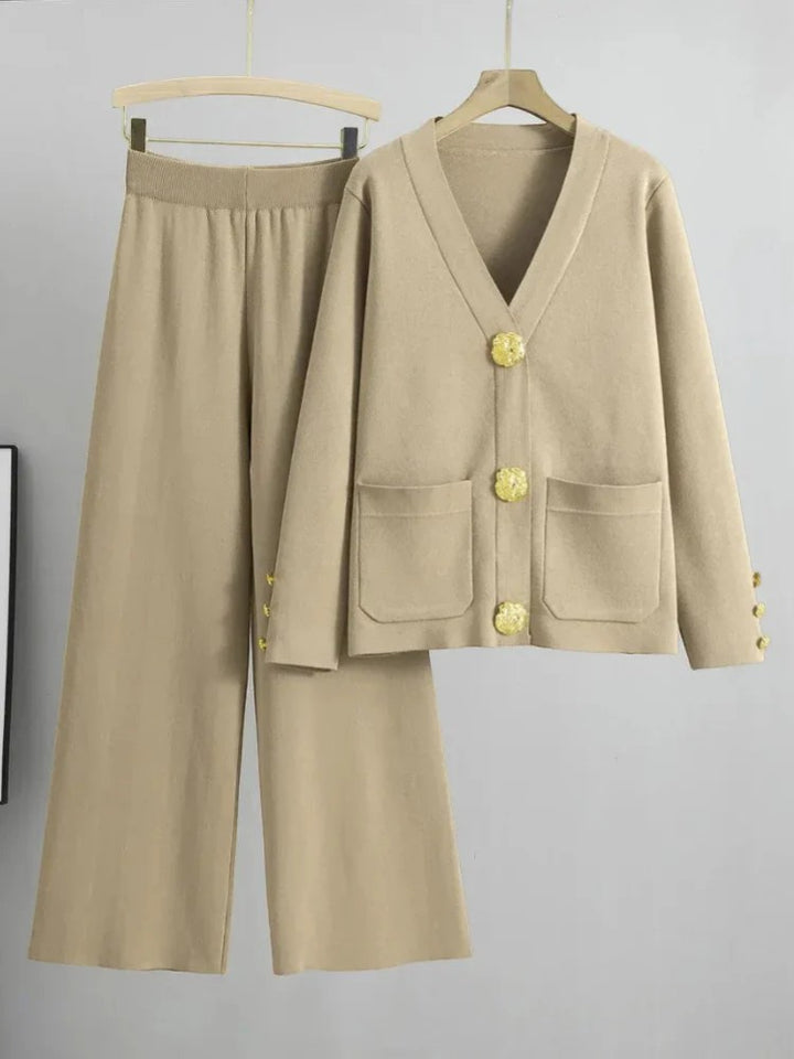 Women's Acrylic Knit Cardigan and Pants Set – Relaxed Fit, Button-Down Style