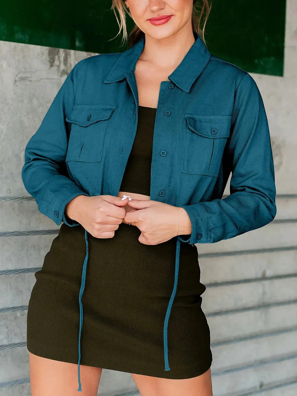 Veste Courte Femme Coton Mélangé – Coupe Ample avec Poches Poitrine
