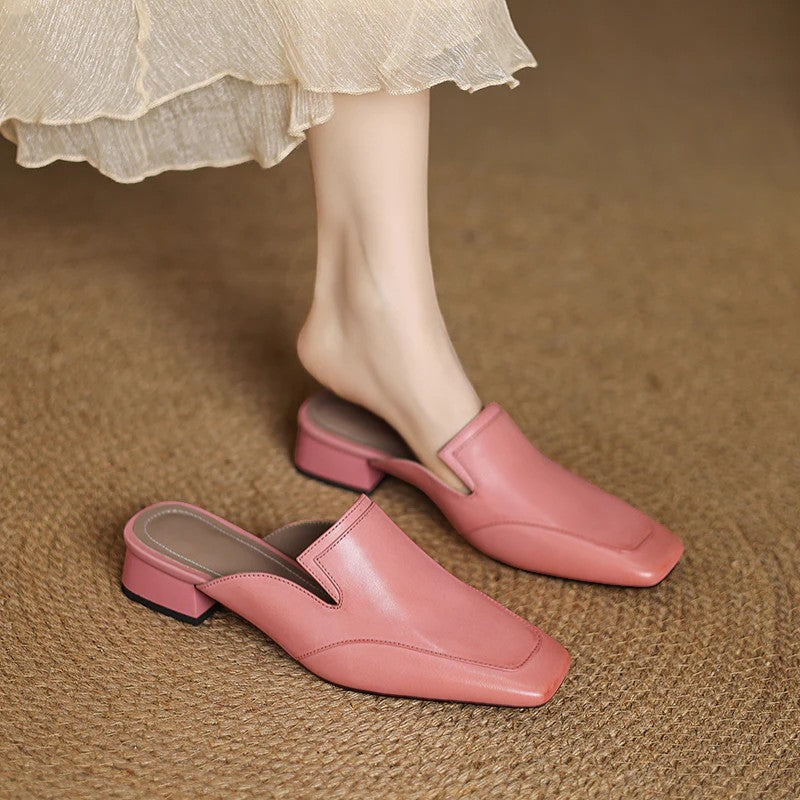 Women's Leather Heeled Mules – Chic Square Toe