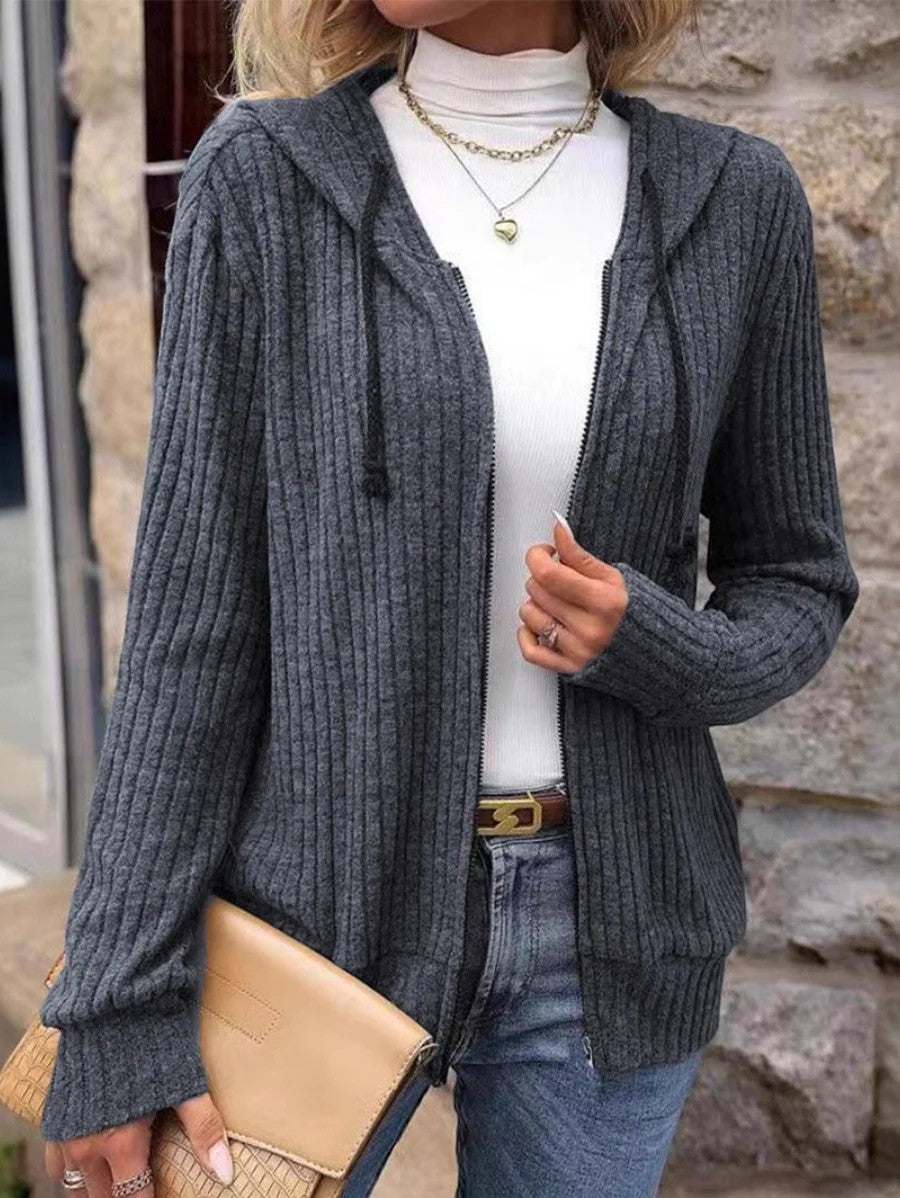 Cardigan à capuche femme en maille côtelée – Fermeture zippée coupe ample
