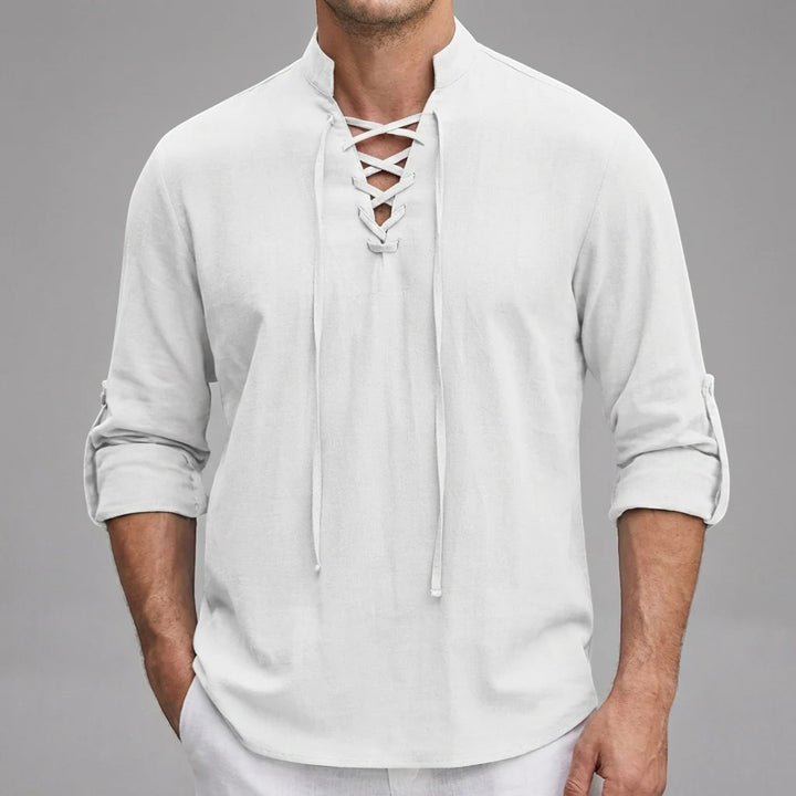 Chemise homme en lin col montant à lacets – Coupe ample décontractée