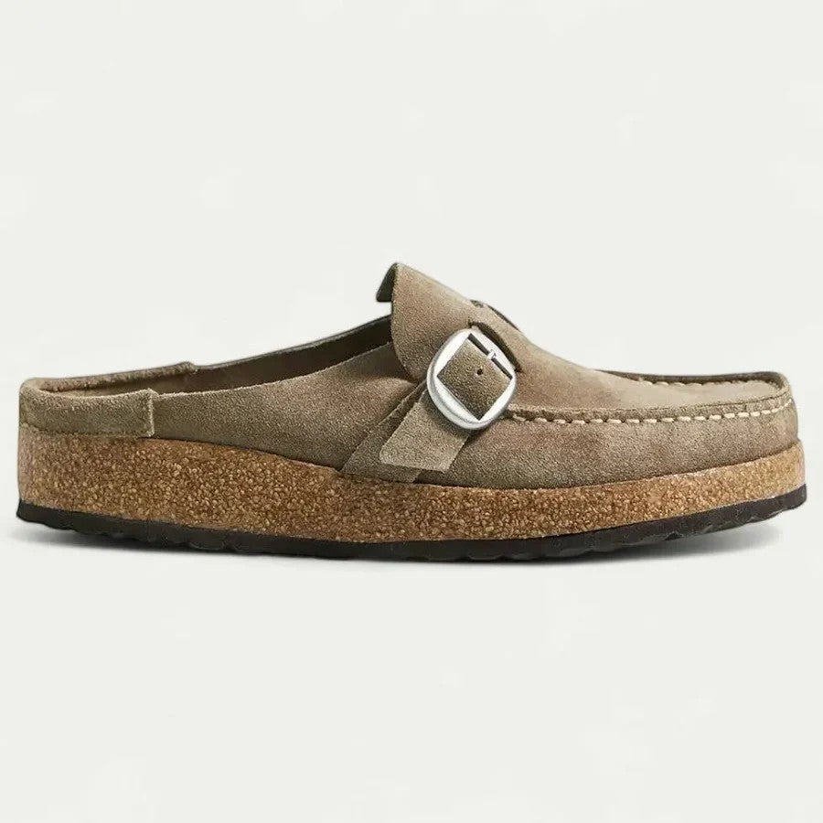 Women's flat suede mules – Slip-on style with buckle strap