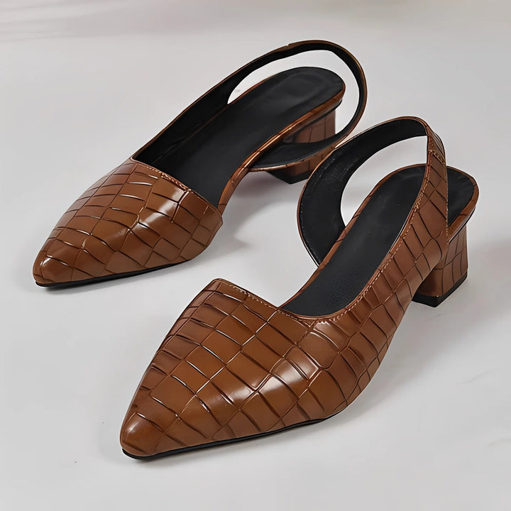 Women's embossed leather heeled sandals – Back strap with pointed toe