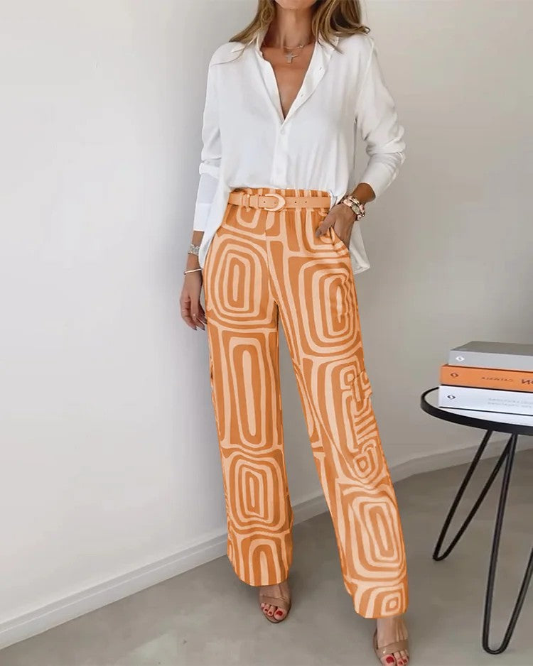 Ensemble Femme Deux Pièces Imprimé Pantalon Large – Taille Haute Ceinturée | Tissu Léger
