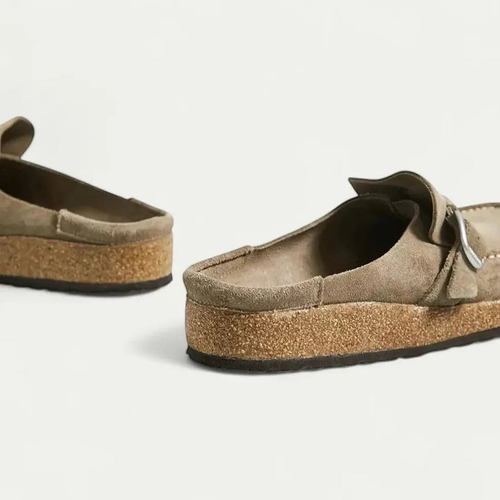 Women's flat suede mules – Slip-on style with buckle strap