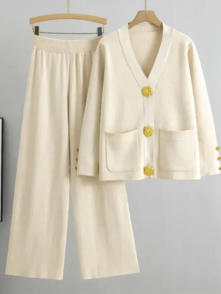 Women's Acrylic Knit Cardigan and Pants Set – Relaxed Fit, Button-Down Style