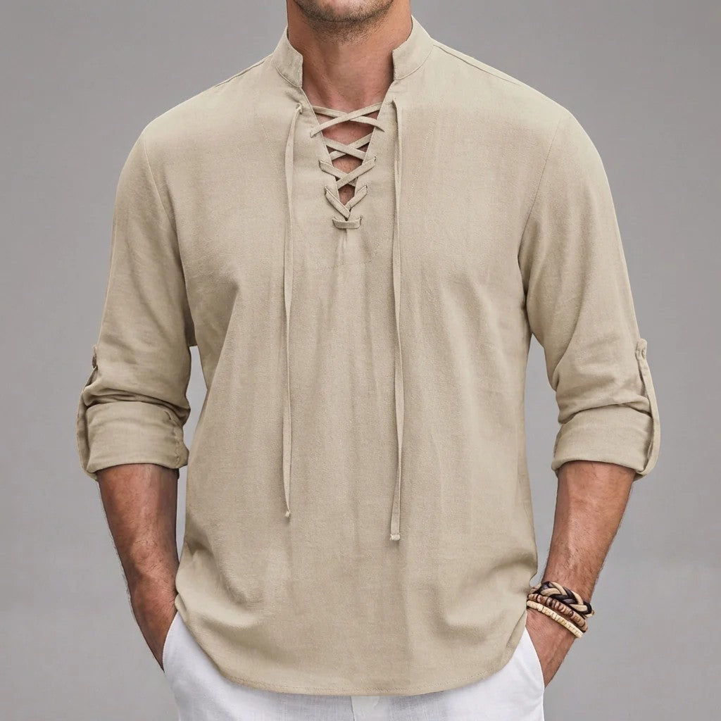 Chemise homme en lin col montant à lacets – Coupe ample décontractée