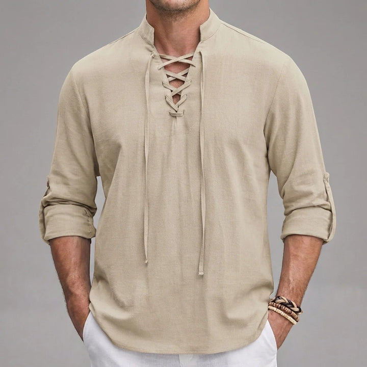Chemise homme en lin col montant à lacets – Coupe ample décontractée