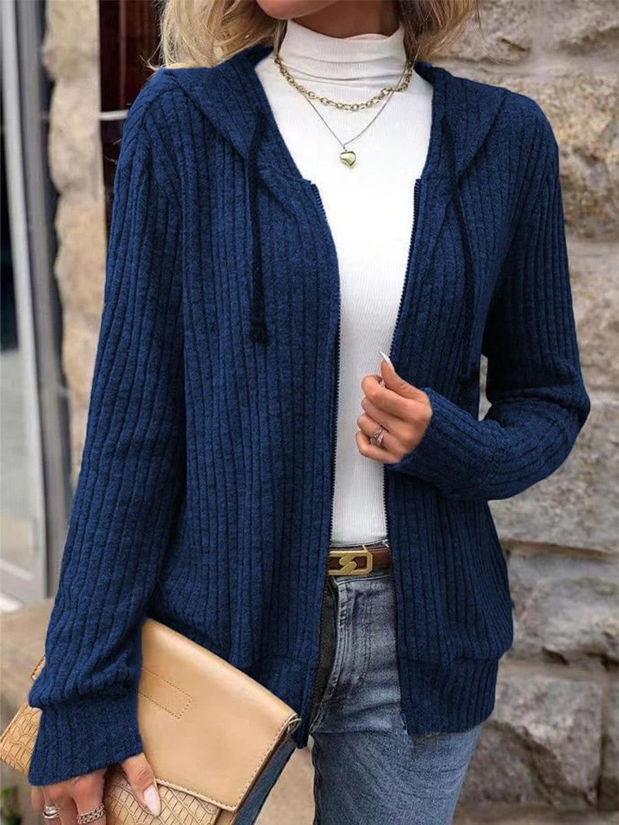 Cardigan à capuche femme en maille côtelée – Fermeture zippée coupe ample