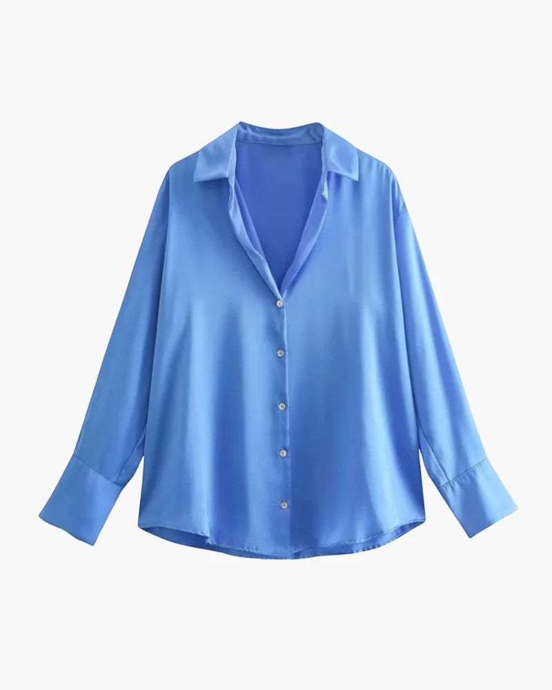 Chemisier drapé à manches longues en satin pour femme – Coupe fluide