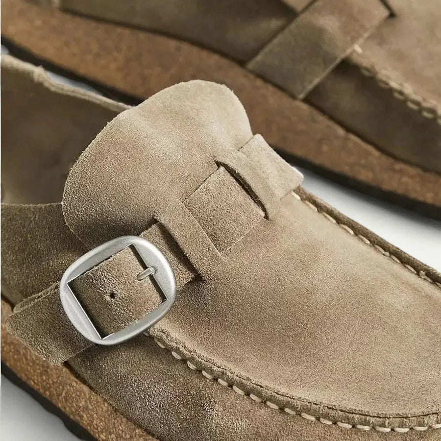 Women's flat suede mules – Slip-on style with buckle strap