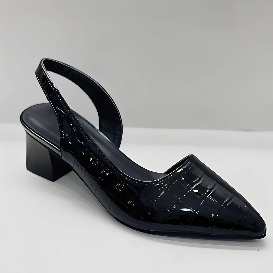 Women's embossed leather heeled sandals – Back strap with pointed toe