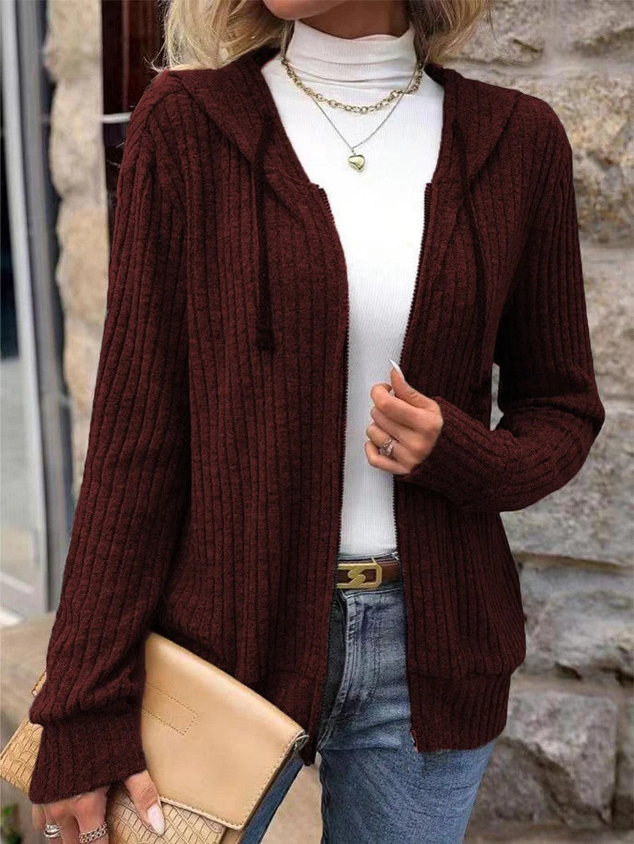 Cardigan Femme Maille Côtelée – Zip à Capuche Coupe Ample Décontractée
