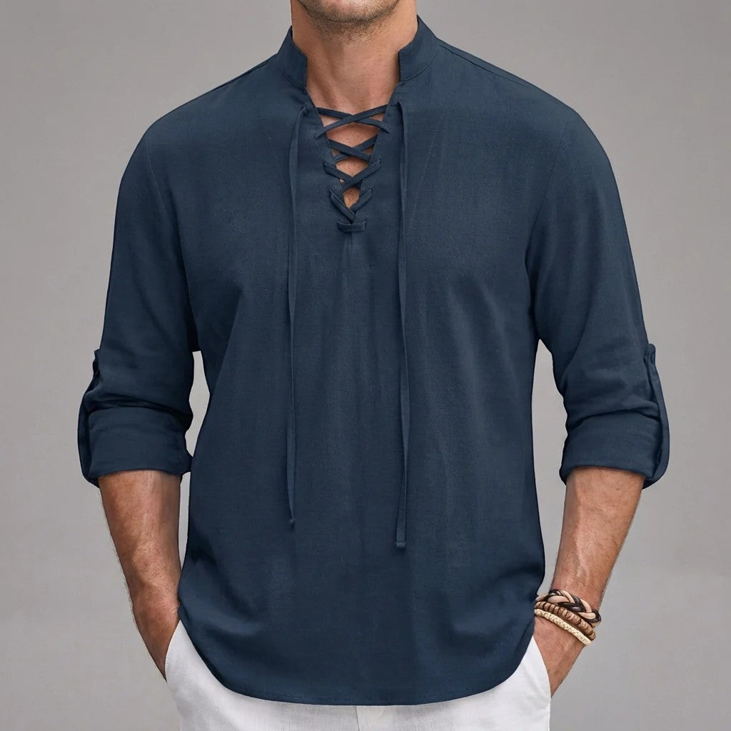 Chemise homme en lin col montant à lacets – Coupe ample décontractée