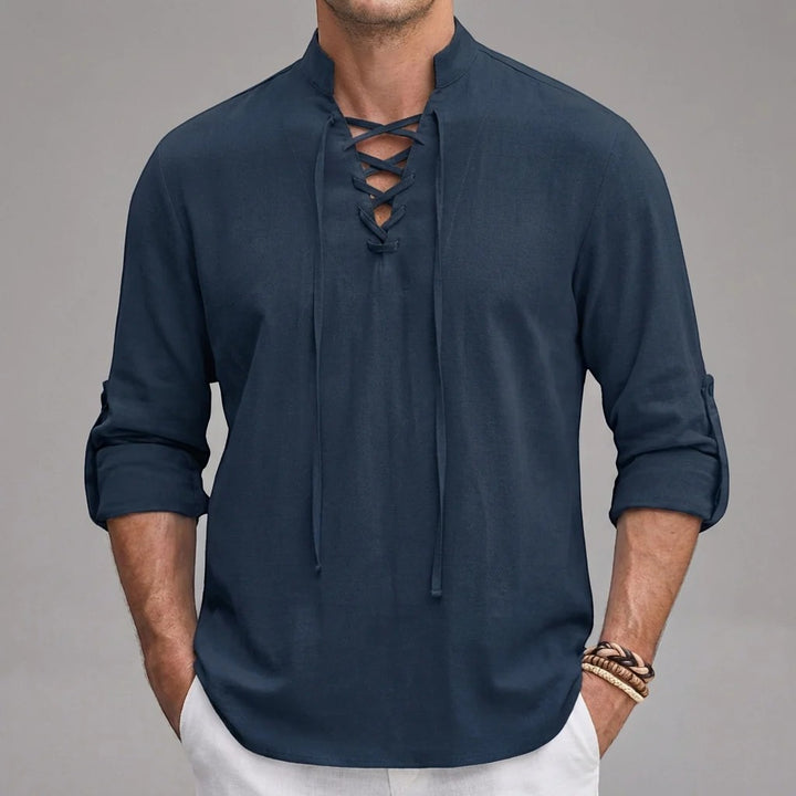 Chemise homme en lin col montant à lacets – Coupe ample décontractée
