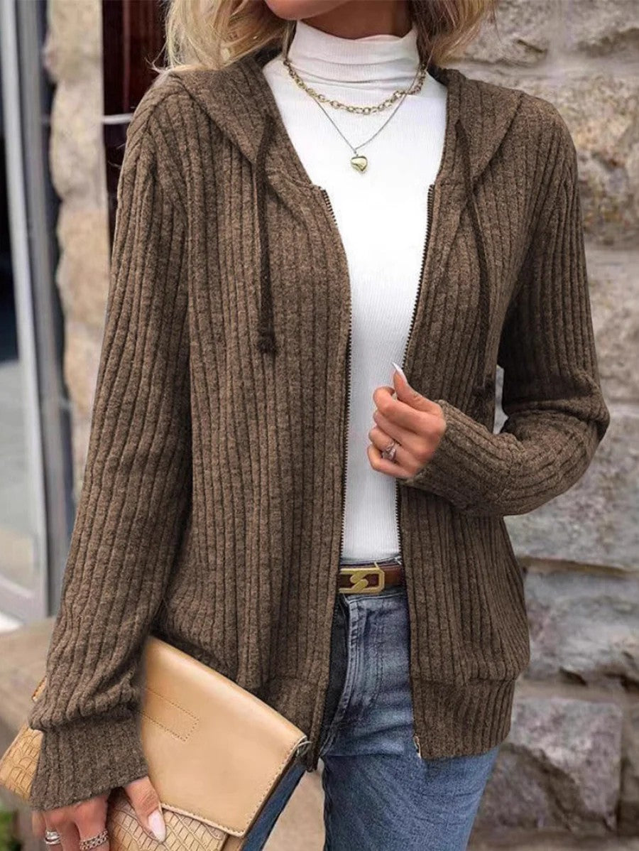 Cardigan à capuche femme en maille côtelée – Fermeture zippée coupe ample