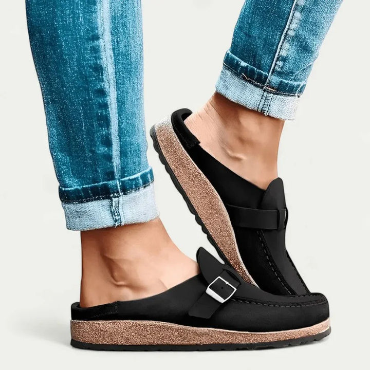 Women's flat suede mules – Slip-on style with buckle strap