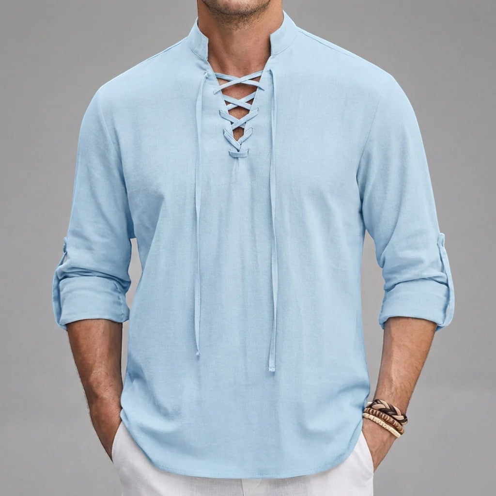 Chemise homme en lin col montant à lacets – Coupe ample décontractée